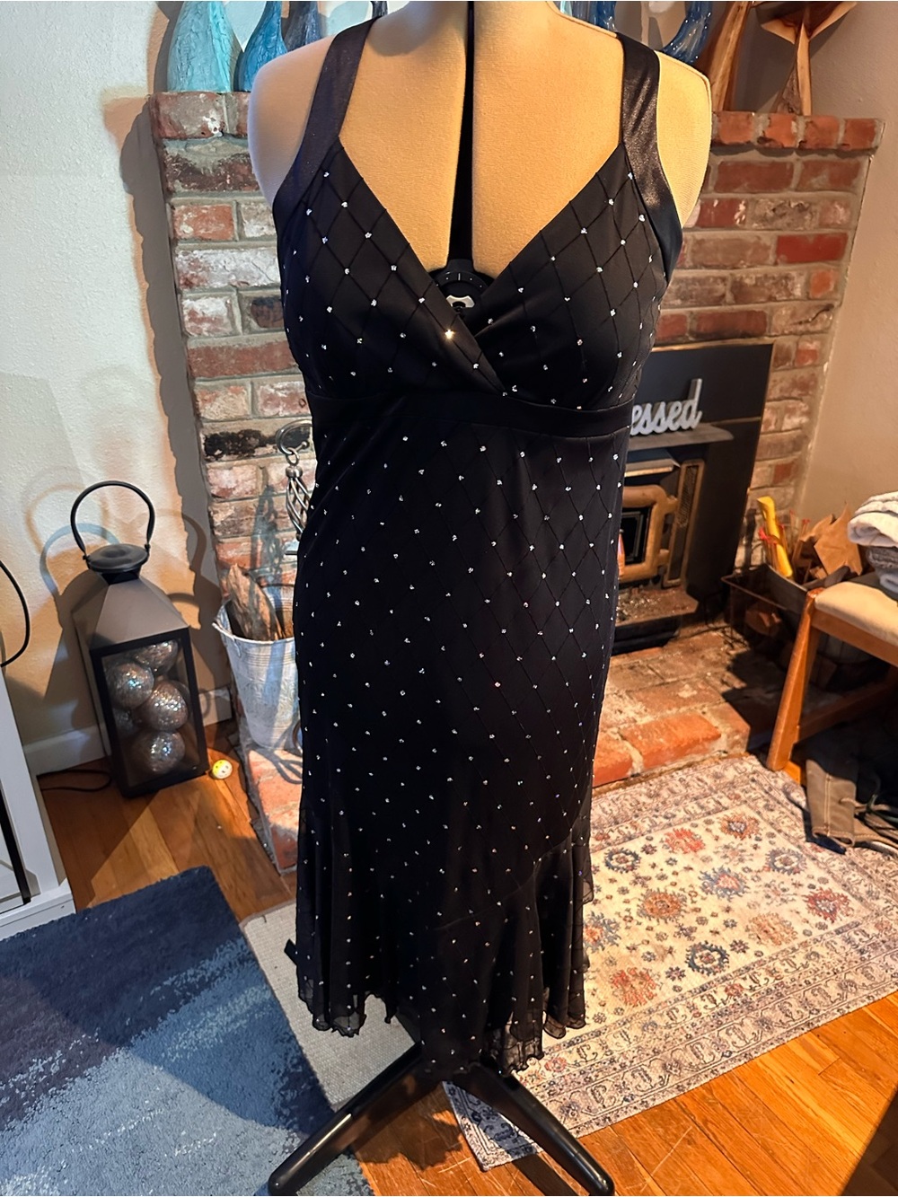 R&M Richards Black Rhinestone-Embellished Midi Dress